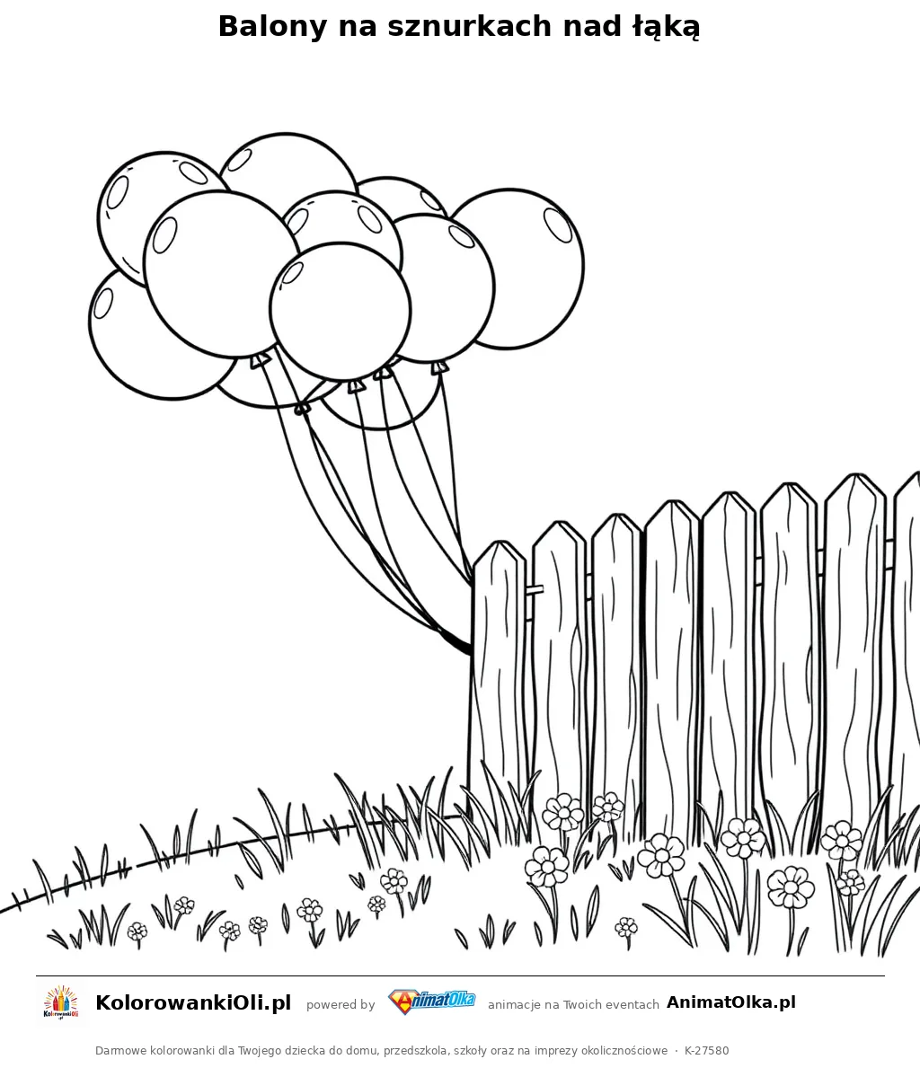 Balony na sznurkach nad łąką — kolorowanka na Dzień Szukania Kół do wydruku