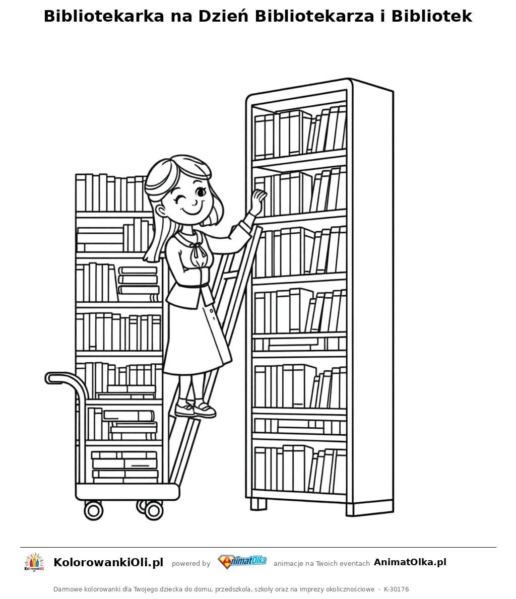 Bibliotekarka na Dzień Bibliotekarza i Bibliotek — kolorowanka na Dzień Bibliotekarza i Bibliotek do wydruku