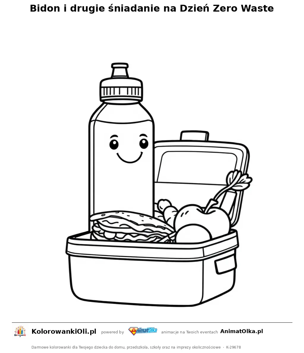 Bidon i drugie śniadanie na Dzień Zero Waste — kolorowanka na Dzień Zero Waste do wydruku