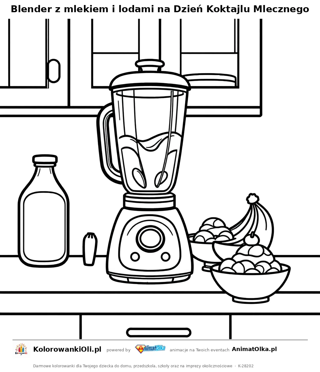 Blender z mlekiem i lodami na Dzień Koktajlu Mlecznego — kolorowanka na Dzień Koktajlu Mlecznego do wydruku