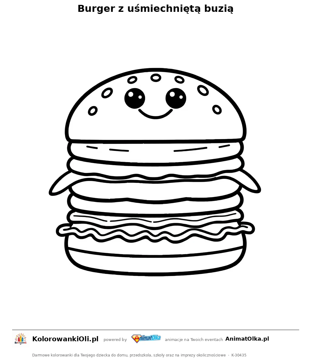 Burger z uśmiechniętą buzią — kolorowanka na Dzień Hamburgera do wydruku