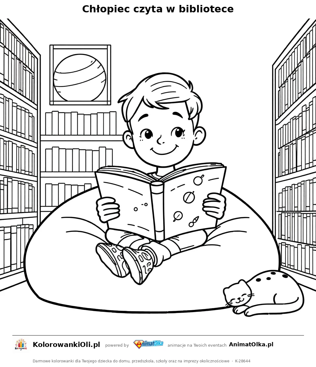 Chłopiec czyta w bibliotece — kolorowanka na Dzień Wikipedii do wydruku