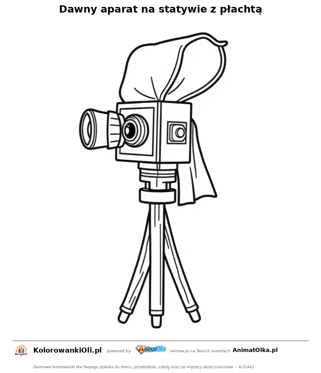 Dawny aparat na statywie z płachtą — kolorowanka na Dzień Fotografii do wydruku