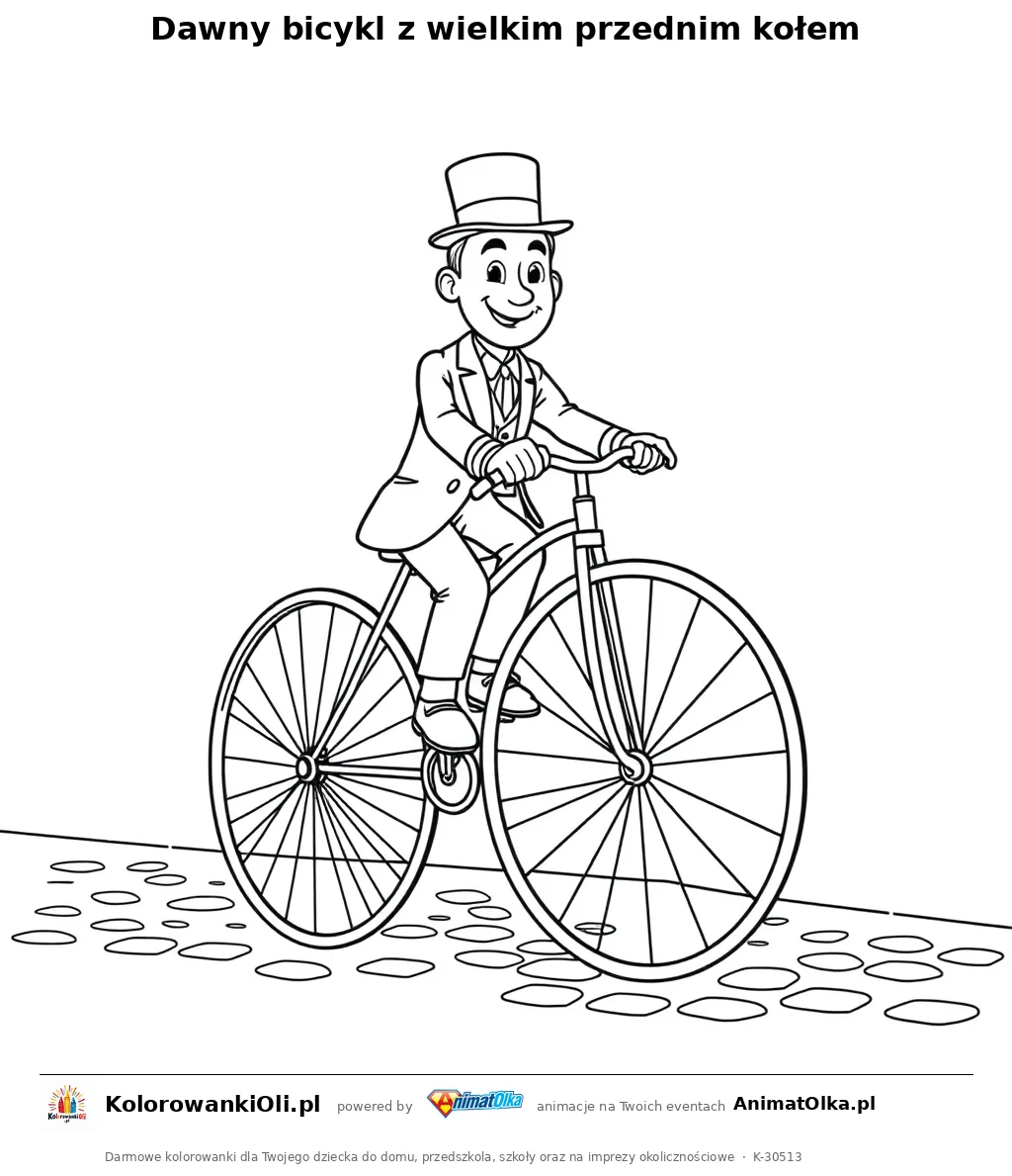 Dawny bicykl z wielkim przednim kołem — kolorowanka na Dzień Roweru do wydruku