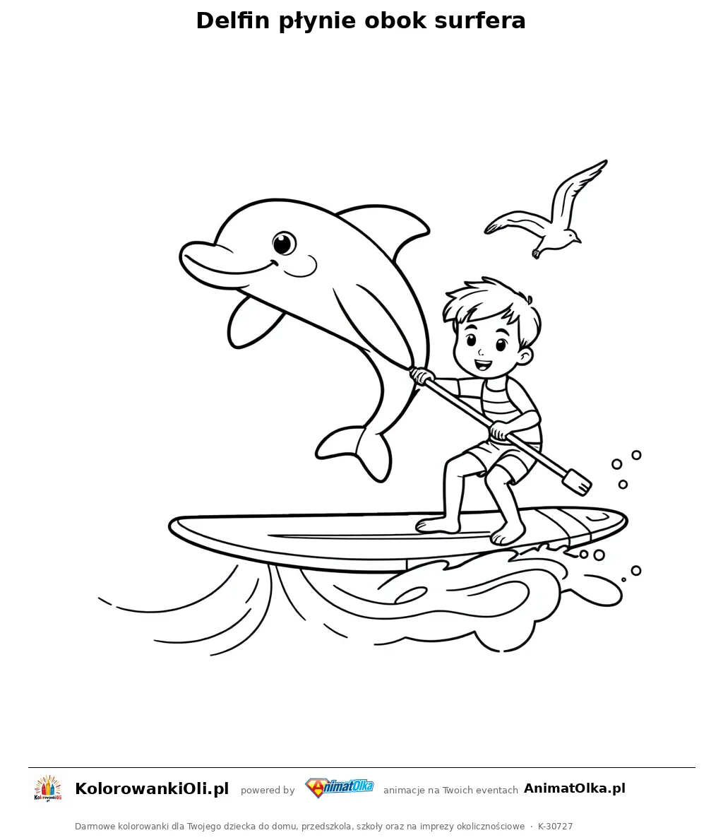 Delfin płynie obok surfera — kolorowanka na Dzień Surfingu do wydruku