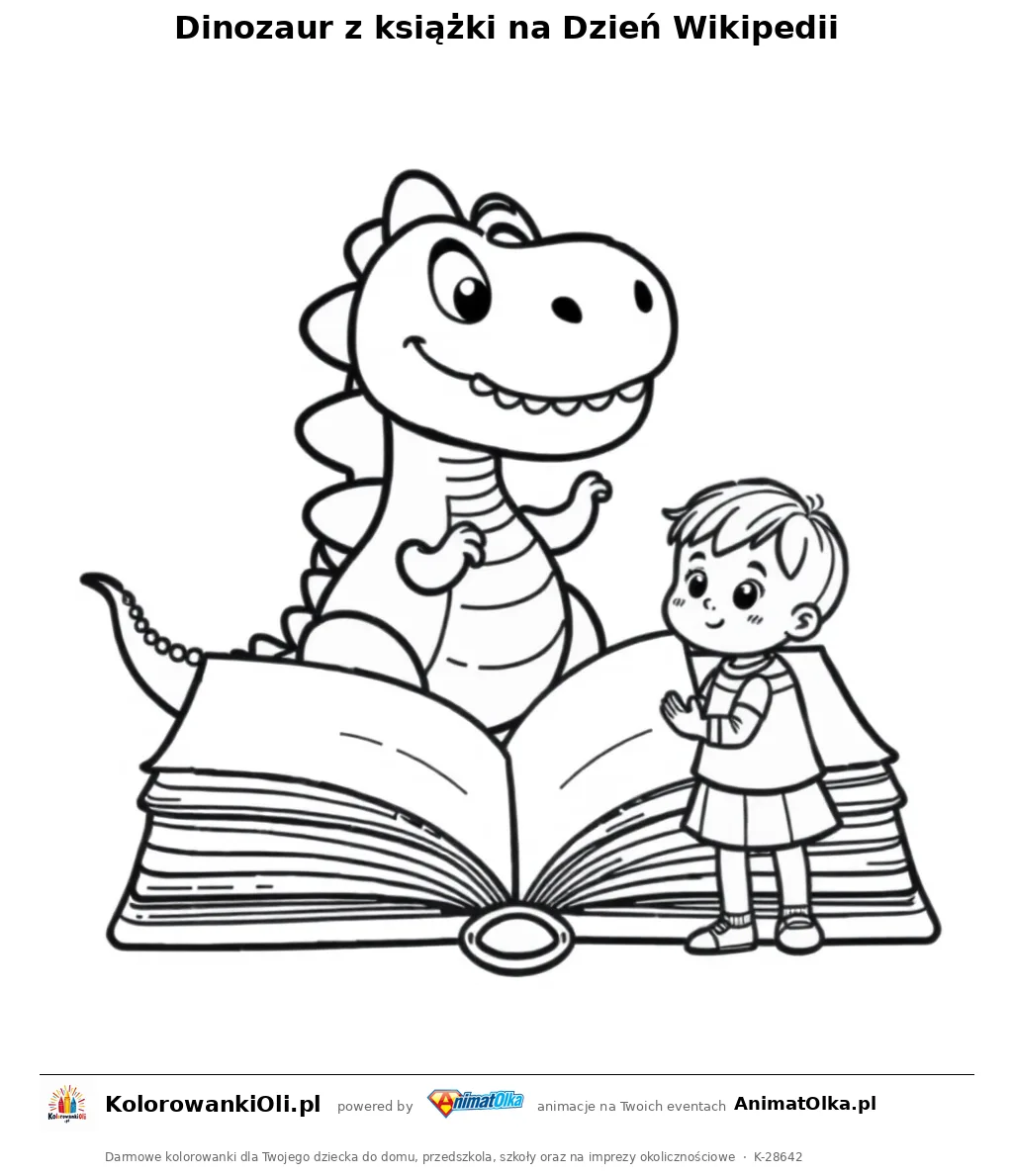 Dinozaur z książki na Dzień Wikipedii — kolorowanka na Dzień Wikipedii do wydruku