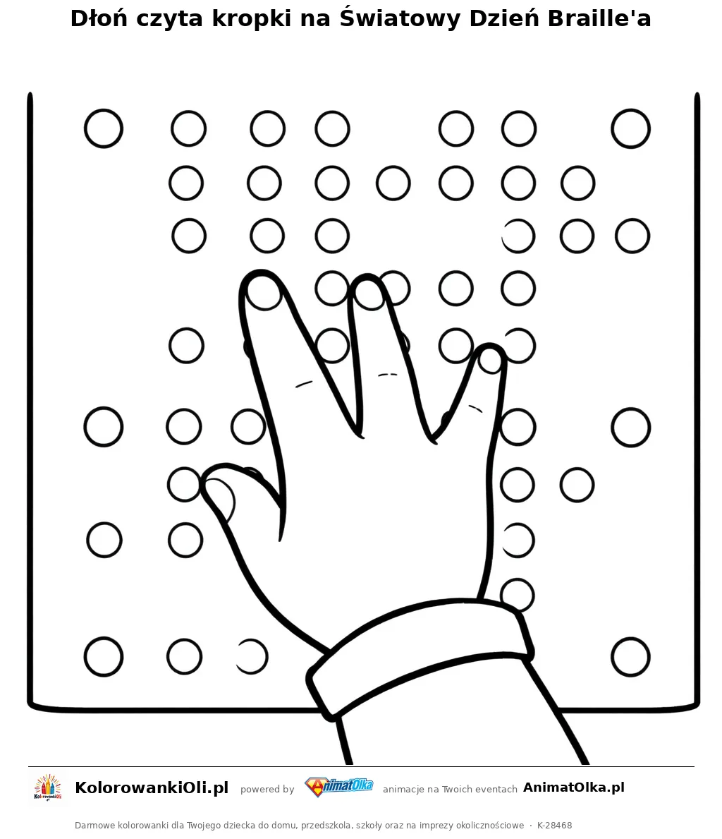 Dłoń czyta kropki na Światowy Dzień Braille'a — kolorowanka na Światowy Dzień Braille'a do wydruku