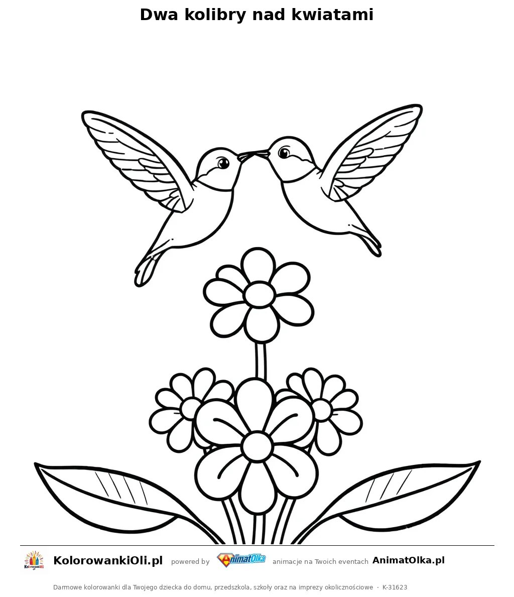 Dwa kolibry nad kwiatami — kolorowanka na Dzień Kolibra do wydruku