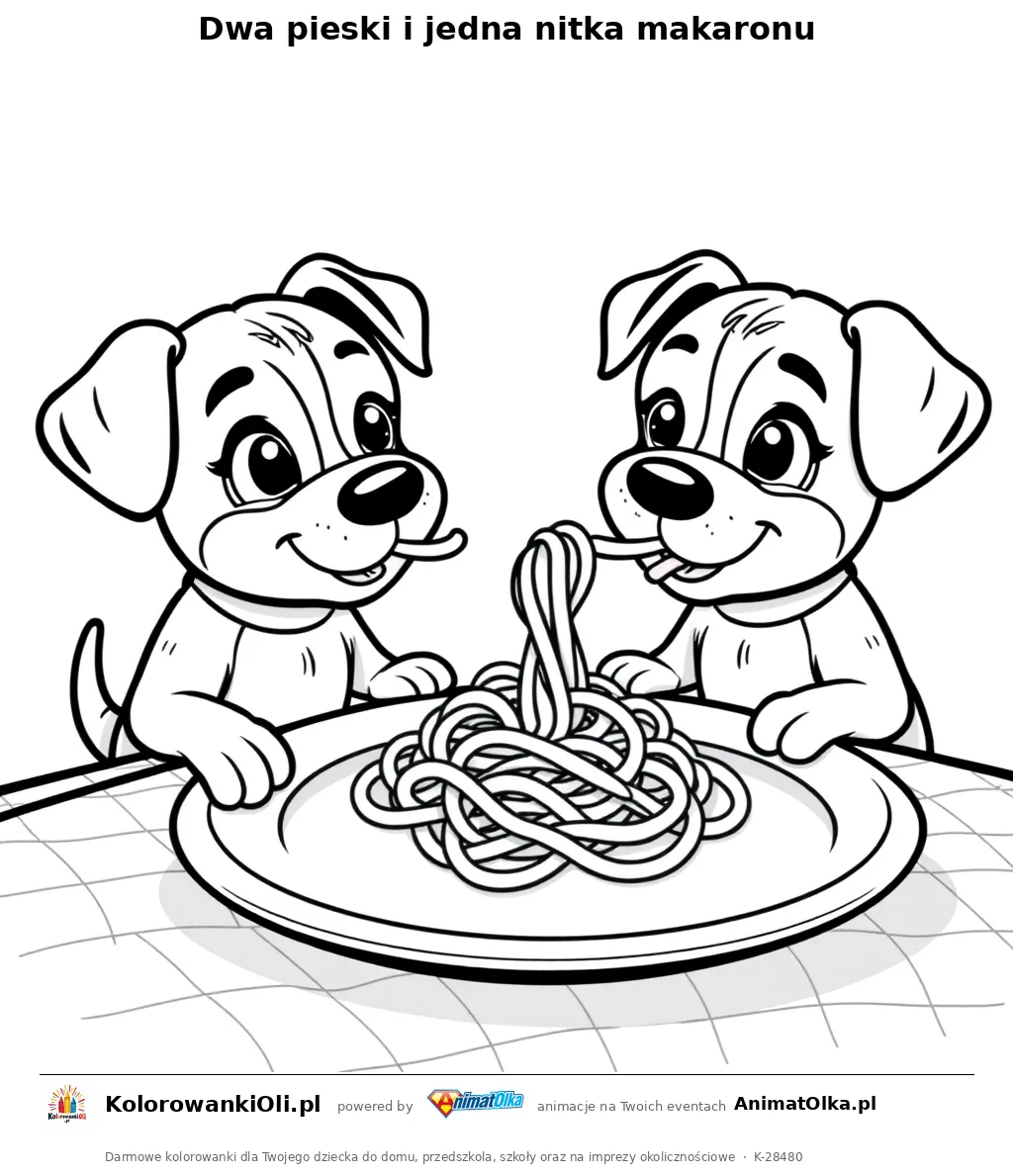 Dwa pieski i jedna nitka makaronu — kolorowanka na Dzień Spaghetti do wydruku