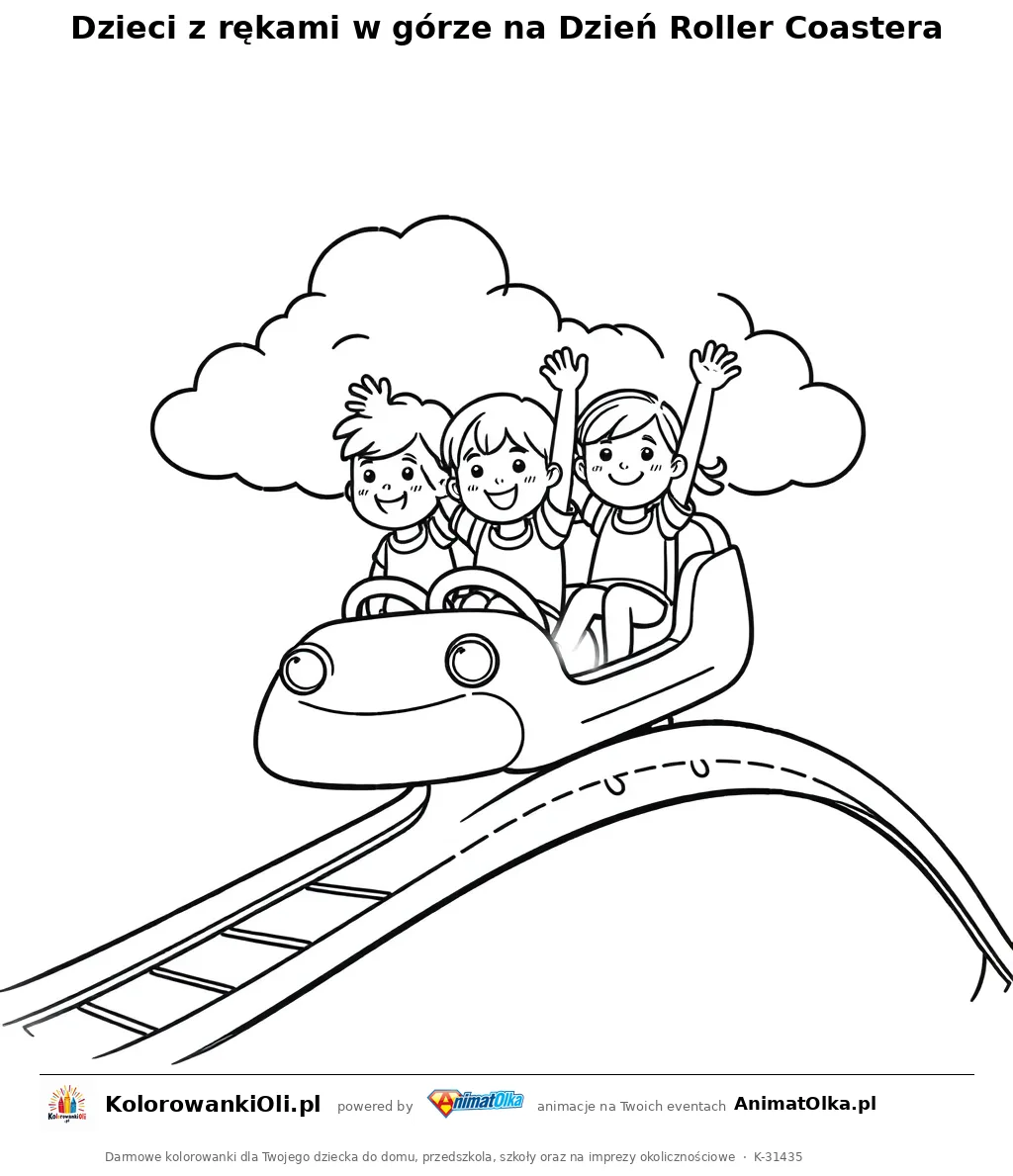 Dzieci z rękami w górze na Dzień Roller Coastera — kolorowanka na Dzień Roller Coastera do wydruku