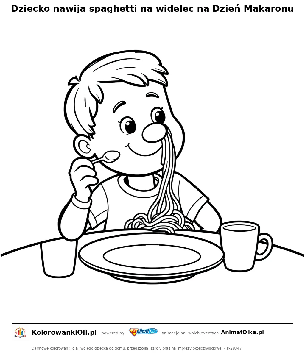 Dziecko nawija spaghetti na widelec na Dzień Makaronu — kolorowanka na Dzień Makaronu do wydruku