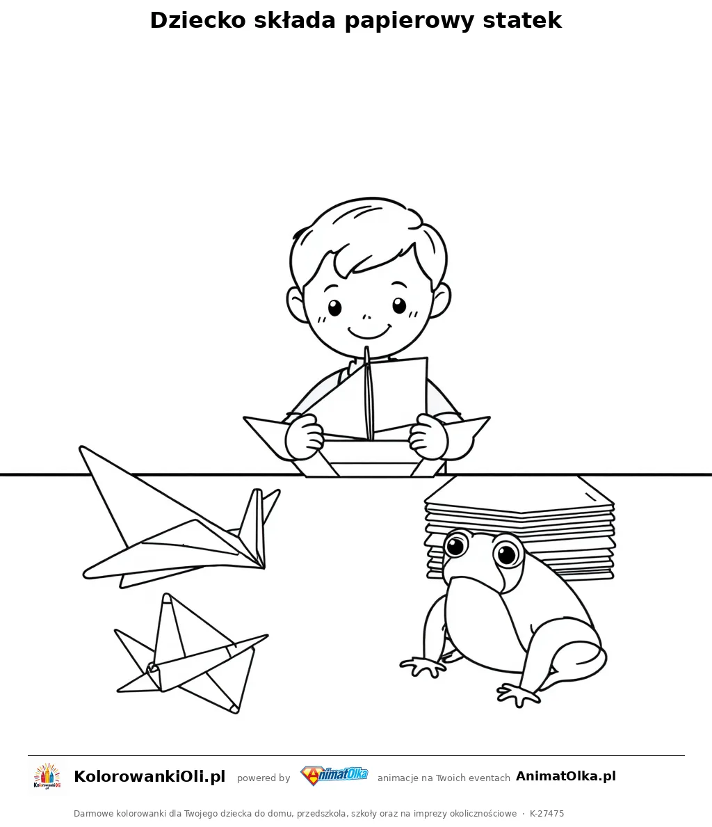 Dziecko składa papierowy statek — kolorowanka na Dzień Origami do wydruku