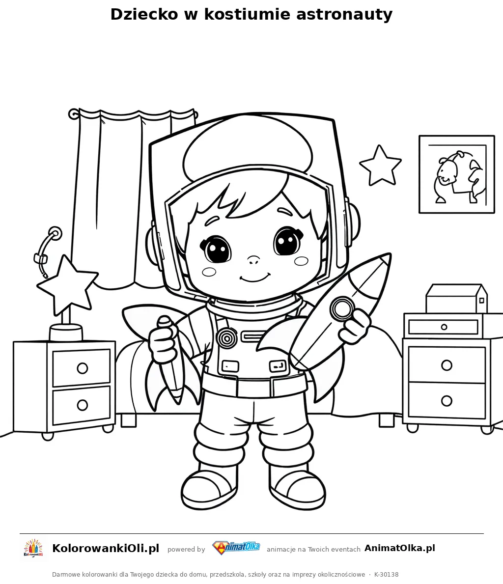 Dziecko w kostiumie astronauty — kolorowanka na Kosmiczny Dzień do wydruku