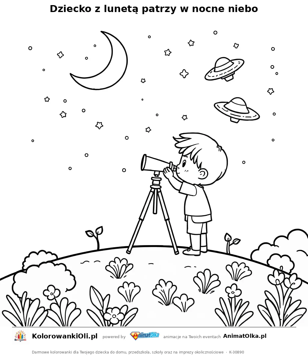 Dziecko z lunetą patrzy w nocne niebo — kolorowanka na Dzień UFO do wydruku