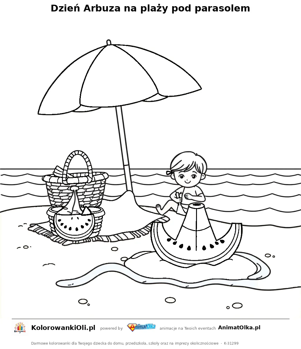 Dzień Arbuza na plaży pod parasolem — kolorowanka na Dzień Arbuza do wydruku