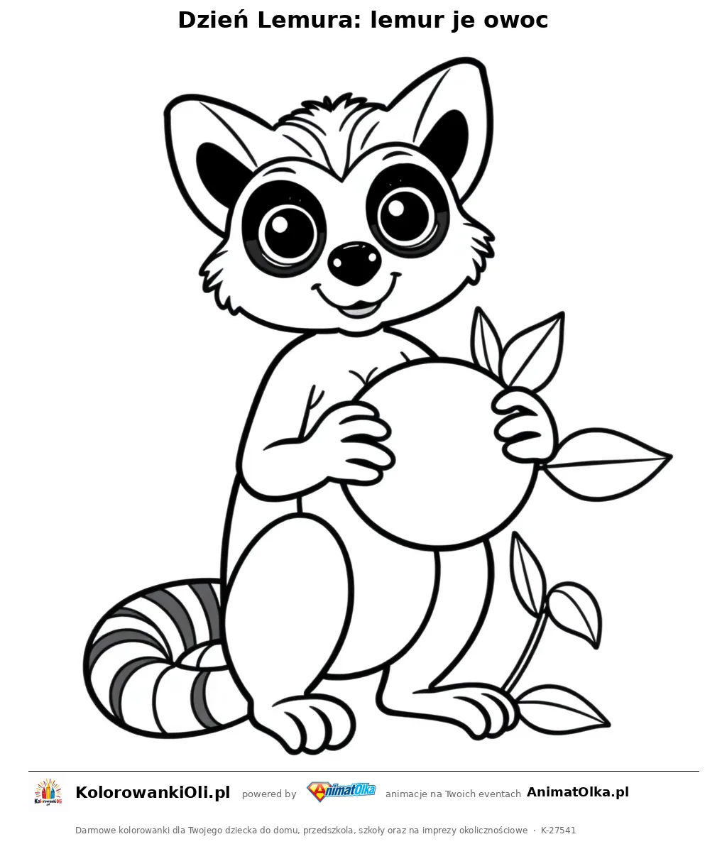 Dzień Lemura: lemur je owoc — kolorowanka na Dzień Lemura do wydruku