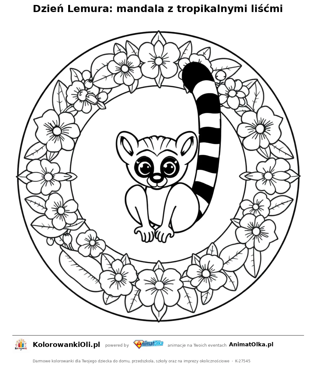 Dzień Lemura: mandala z tropikalnymi liśćmi — kolorowanka na Dzień Lemura do wydruku