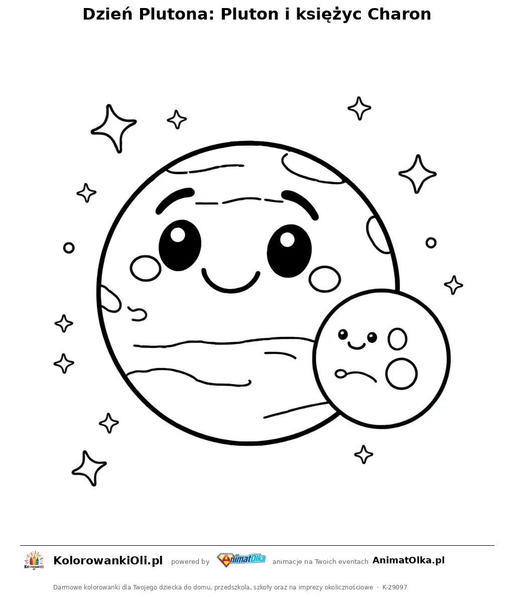 Dzień Plutona: Pluton i księżyc Charon — kolorowanka na Dzień Plutona do wydruku