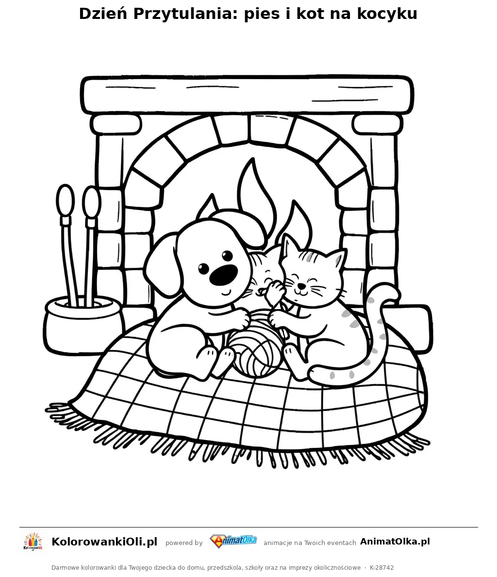 Dzień Przytulania: pies i kot na kocyku — kolorowanka na Dzień Przytulania do wydruku