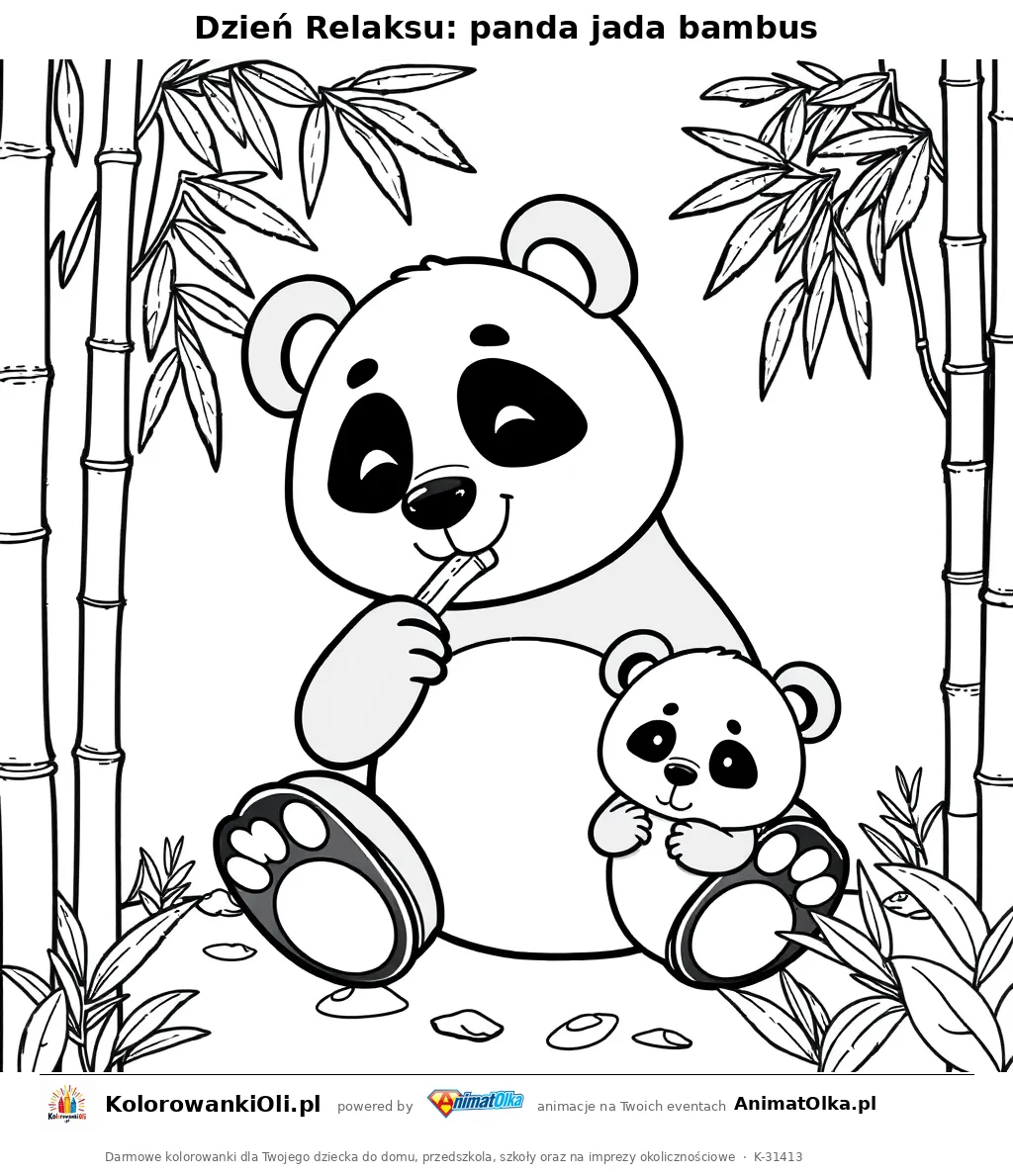 Dzień Relaksu: panda jada bambus — kolorowanka na Dzień Relaksu do wydruku
