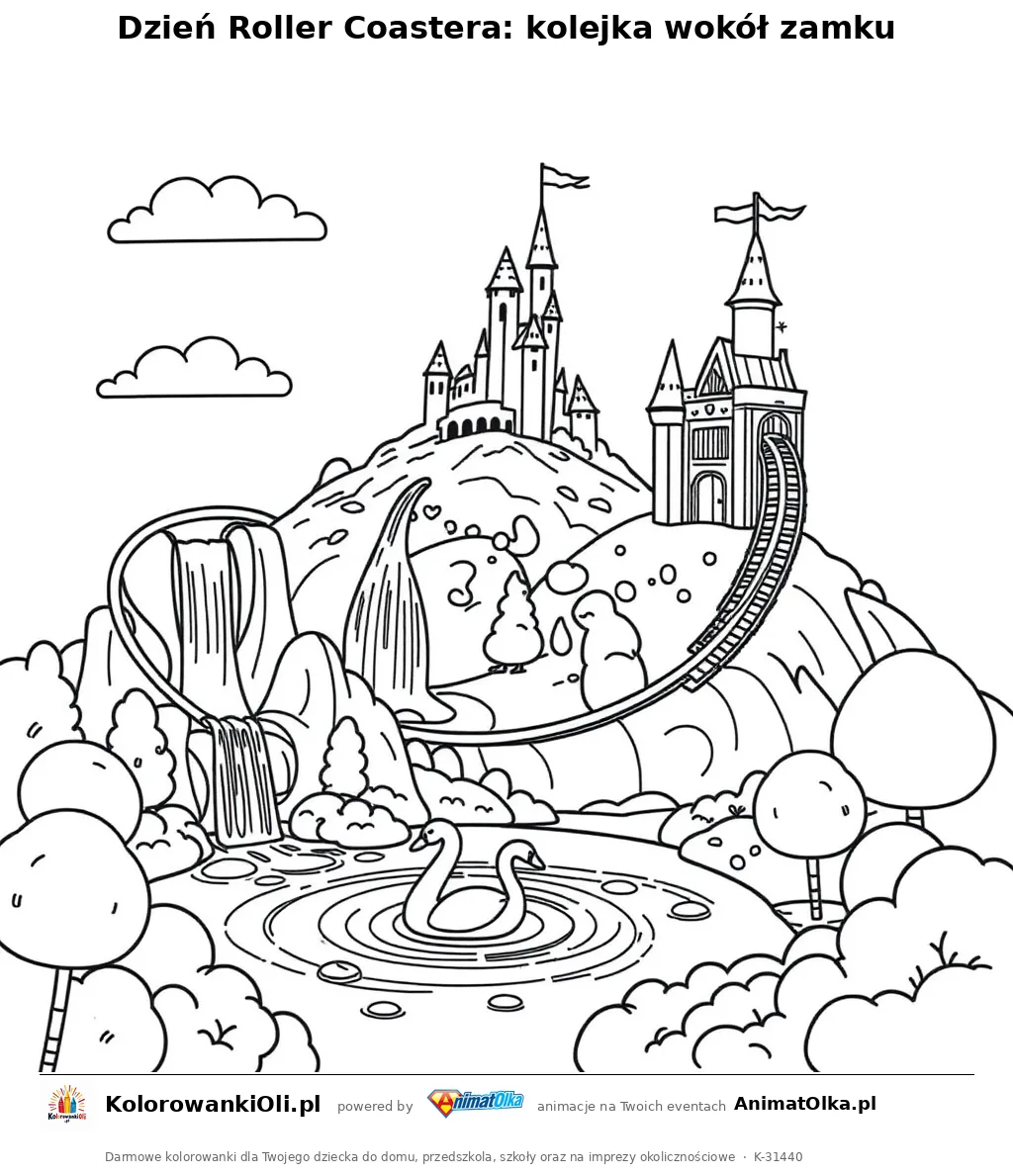 Dzień Roller Coastera: kolejka wokół zamku — kolorowanka na Dzień Roller Coastera do wydruku