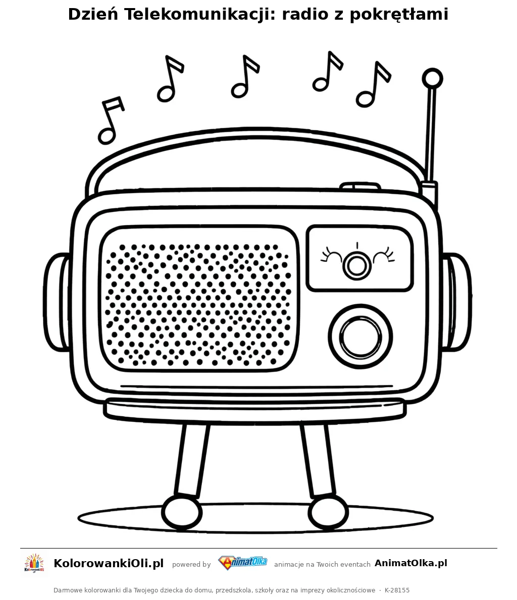 Dzień Telekomunikacji: radio z pokrętłami — kolorowanka na Dzień Telekomunikacji do wydruku