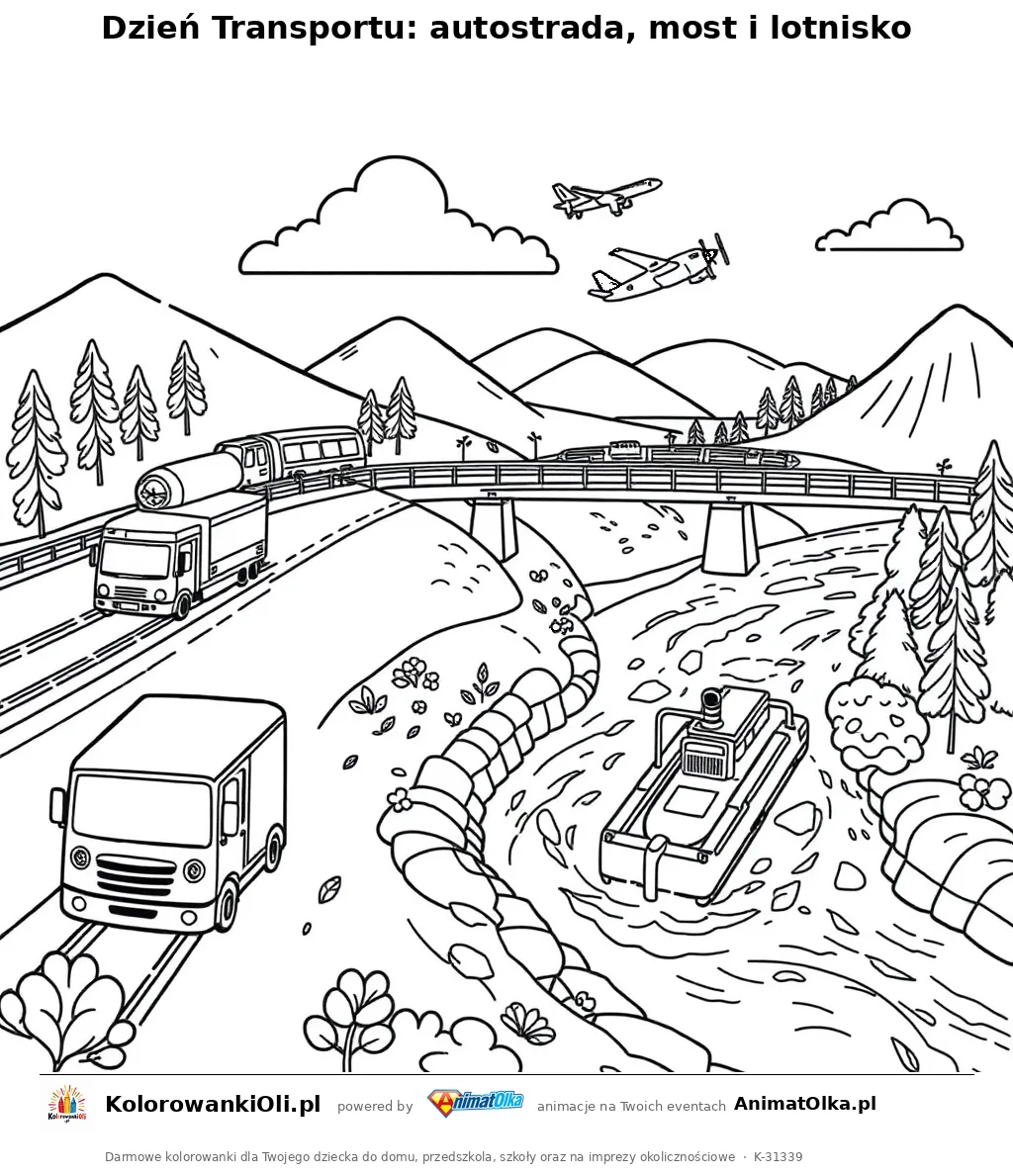 Dzień Transportu: autostrada, most i lotnisko — kolorowanka na Dzień Transportu do wydruku