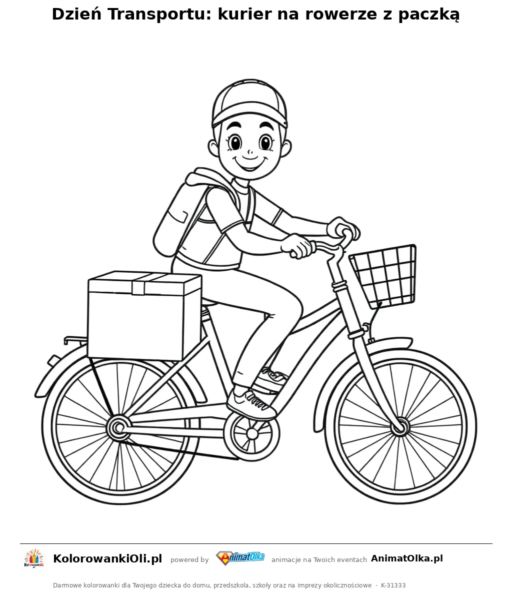 Dzień Transportu: kurier na rowerze z paczką — kolorowanka na Dzień Transportu do wydruku