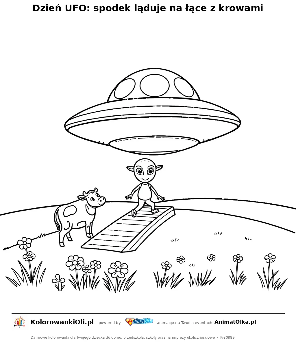 Dzień UFO: spodek ląduje na łące z krowami — kolorowanka na Dzień UFO do wydruku