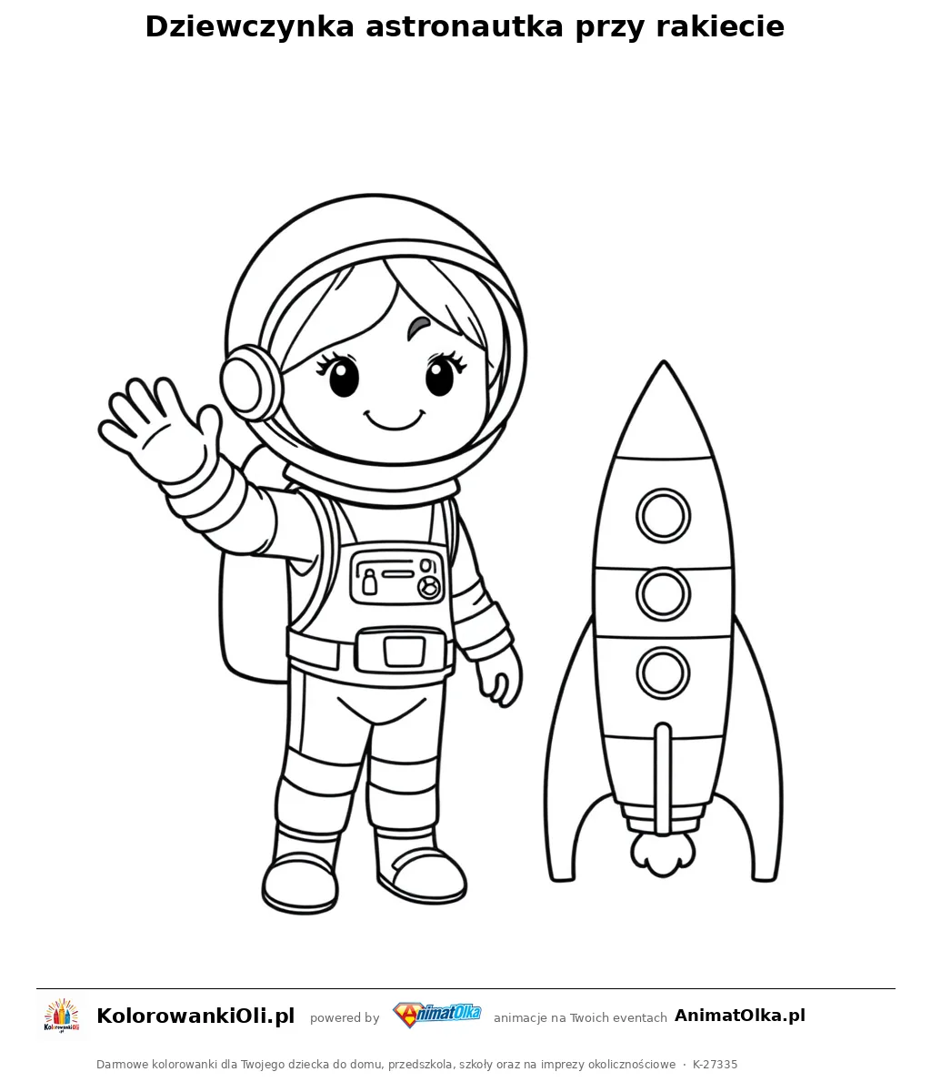Dziewczynka astronautka przy rakiecie — kolorowanka na Dzień Dziewczynek do wydruku