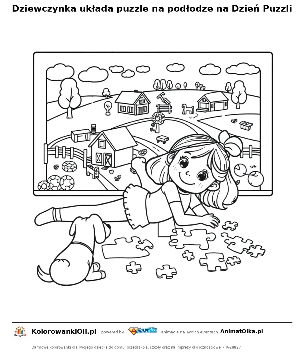 Dziewczynka układa puzzle na podłodze na Dzień Puzzli — kolorowanka na Dzień Puzzli do wydruku