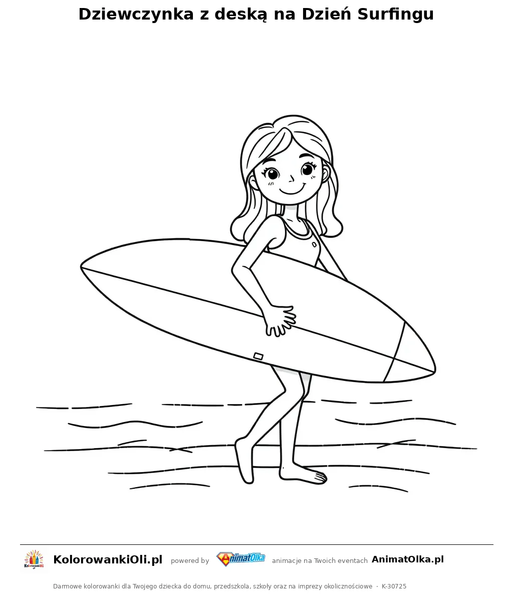 Dziewczynka z deską na Dzień Surfingu — kolorowanka na Dzień Surfingu do wydruku