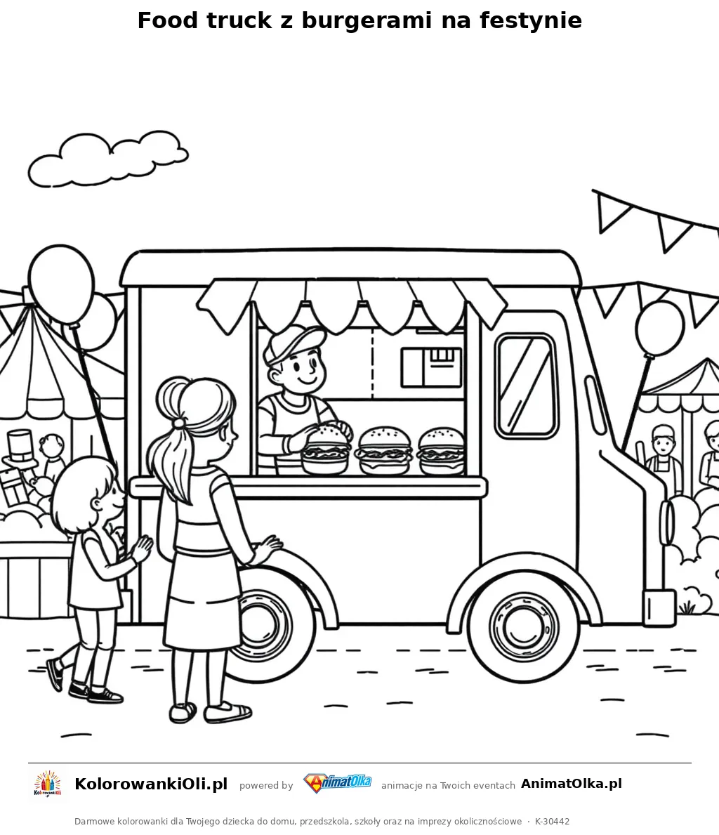 Food truck z burgerami na festynie — kolorowanka na Dzień Hamburgera do wydruku