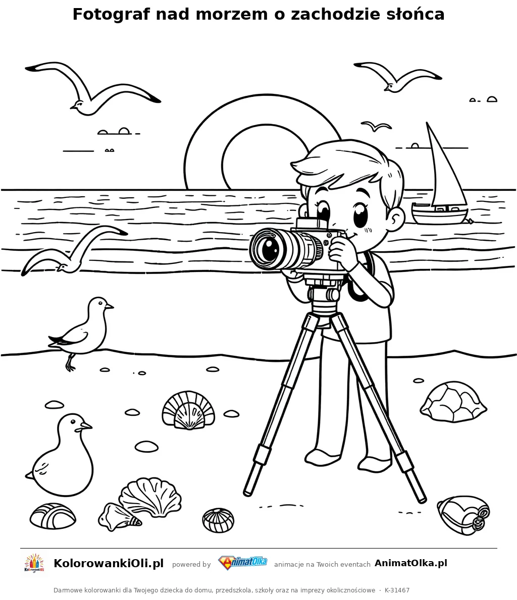 Fotograf nad morzem o zachodzie słońca — kolorowanka na Dzień Fotografii do wydruku