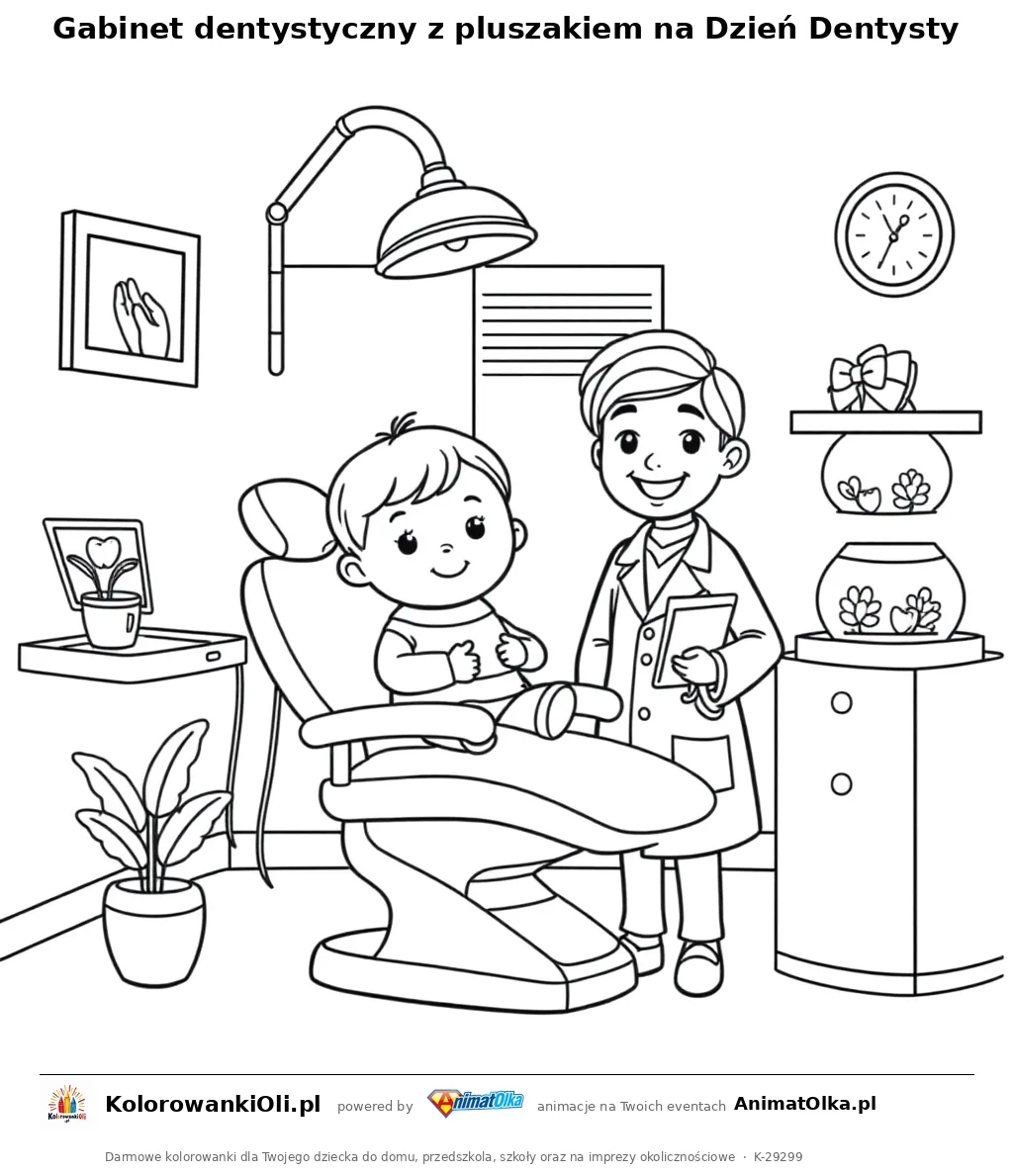Gabinet dentystyczny z pluszakiem na Dzień Dentysty — kolorowanka na Dzień Dentysty do wydruku