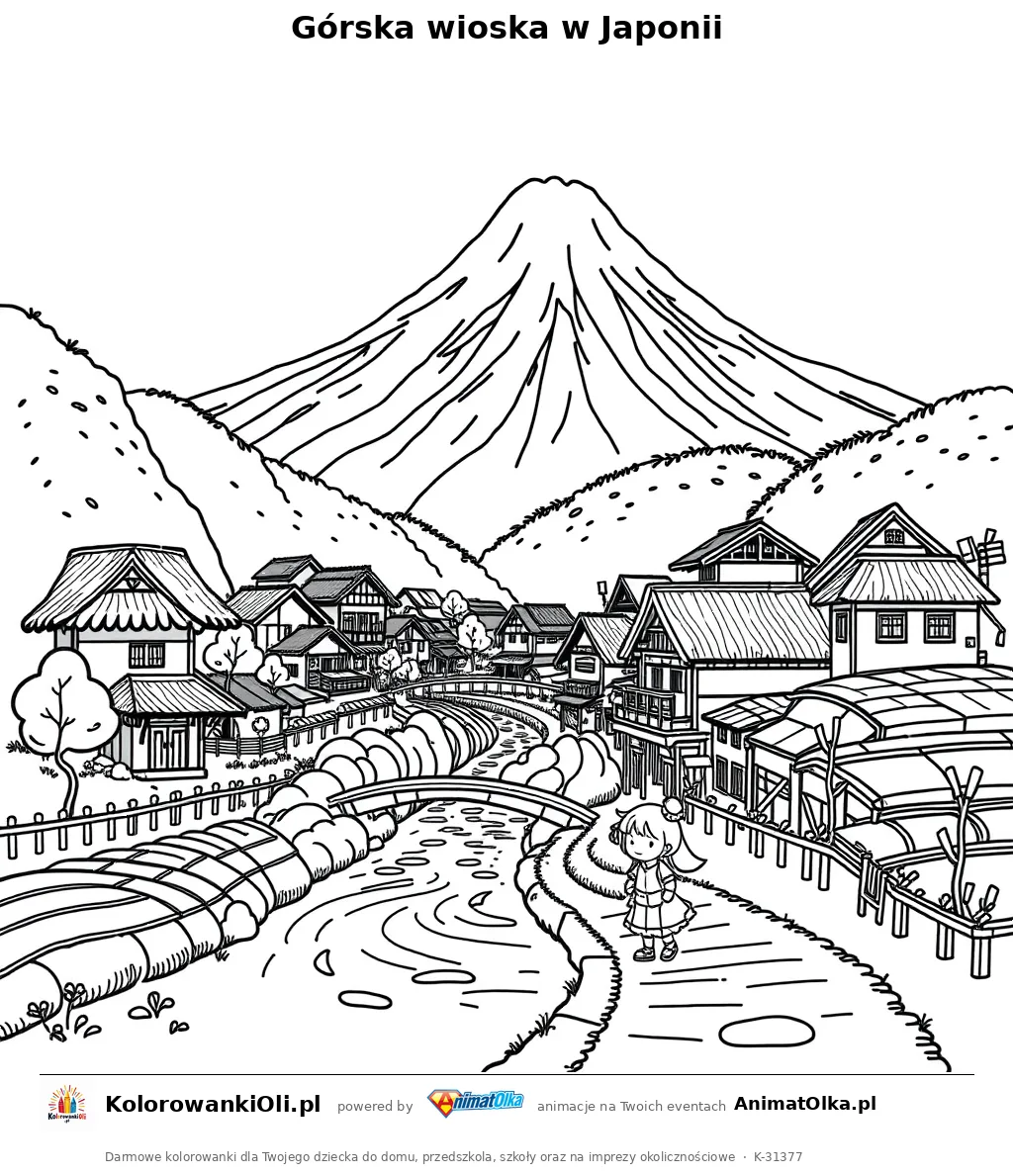 Górska wioska w Japonii — kolorowanka na Dzień Gór w Japonii do wydruku