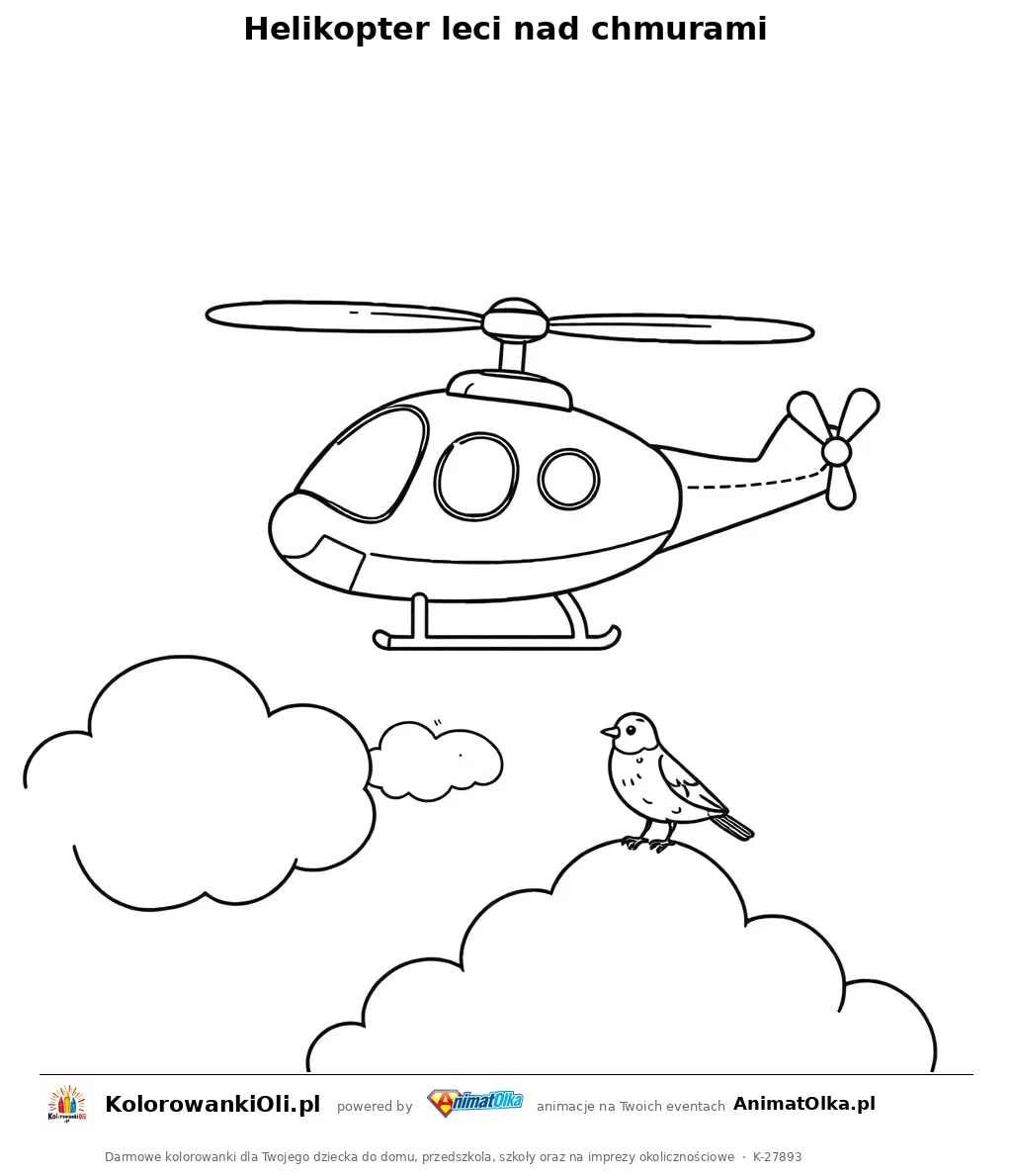 Helikopter leci nad chmurami — kolorowanka na Dzień Lotnictwa Cywilnego do wydruku