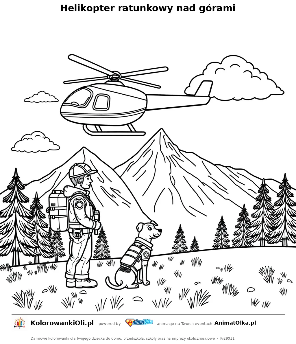 Helikopter ratunkowy nad górami — kolorowanka na Dzień Numeru Alarmowego do wydruku