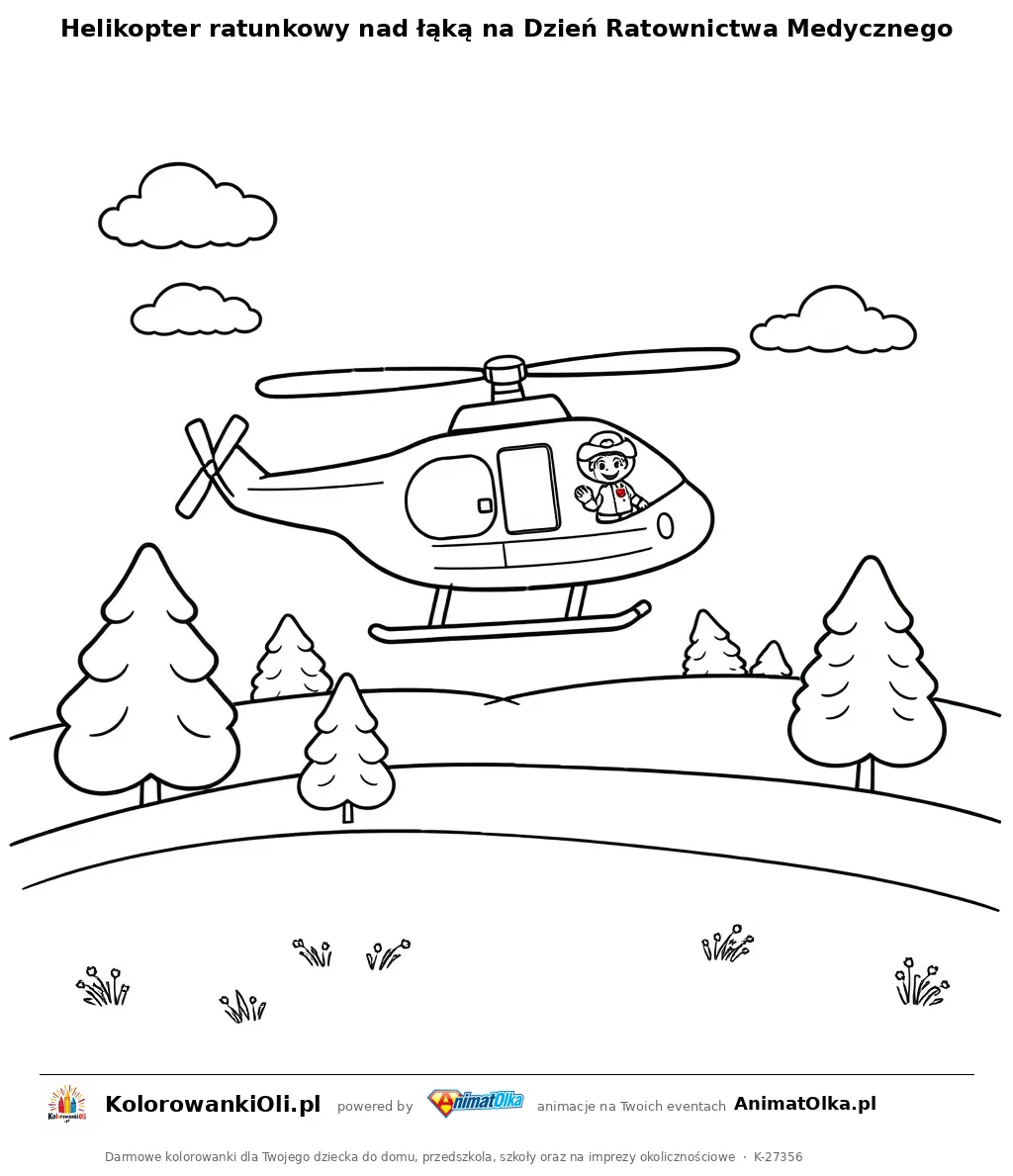 Helikopter ratunkowy nad łąką na Dzień Ratownictwa Medycznego — kolorowanka na Dzień Ratownictwa Medycznego do wydruku