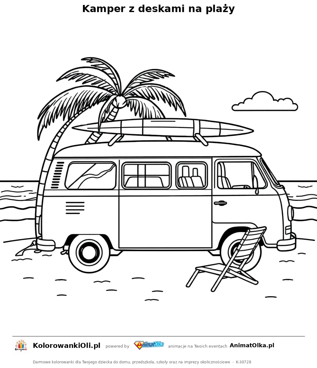 Kamper z deskami na plaży — kolorowanka na Dzień Surfingu do wydruku