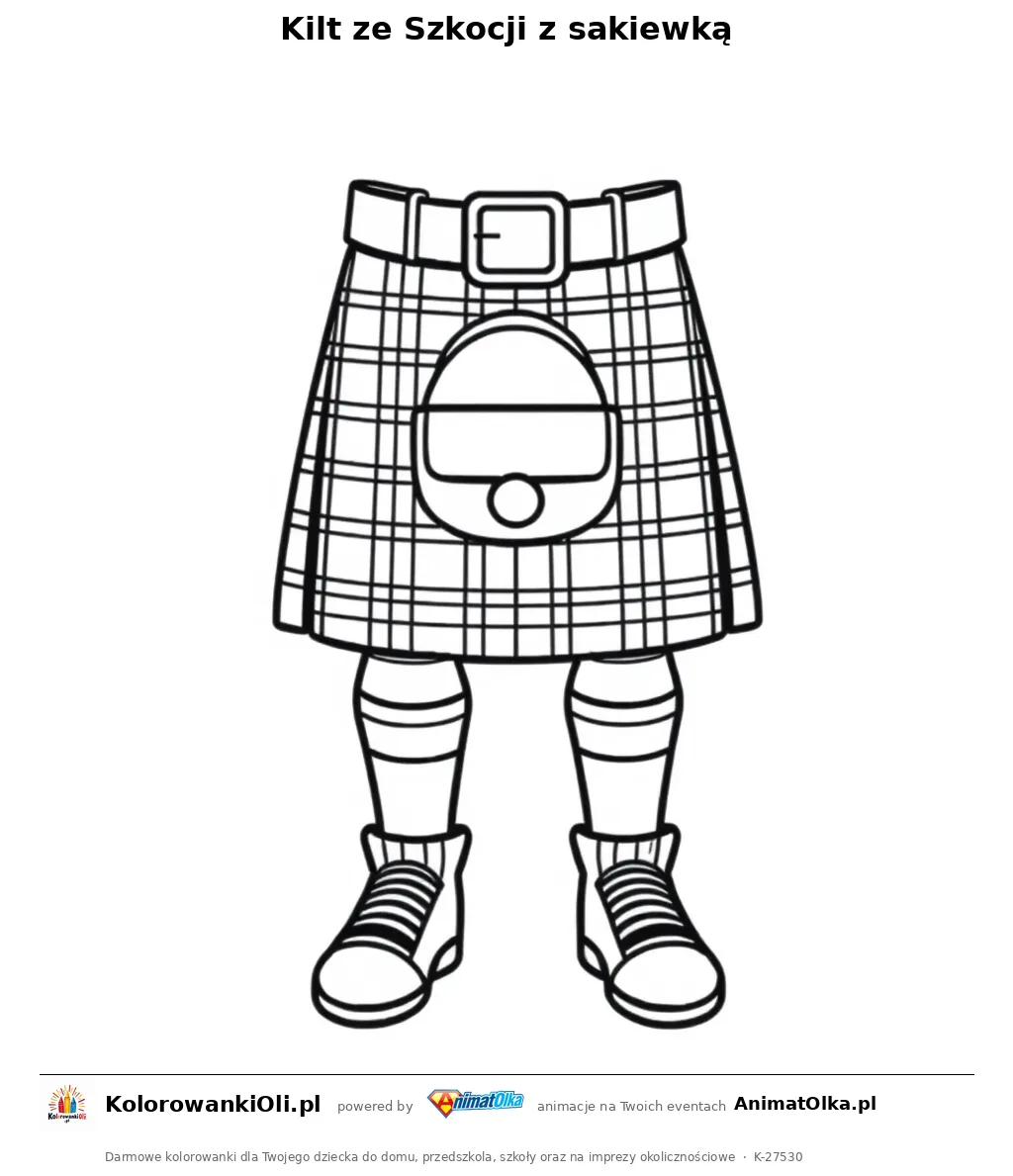 Kilt ze Szkocji z sakiewką — kolorowanka na Dzień Spódnicy do wydruku