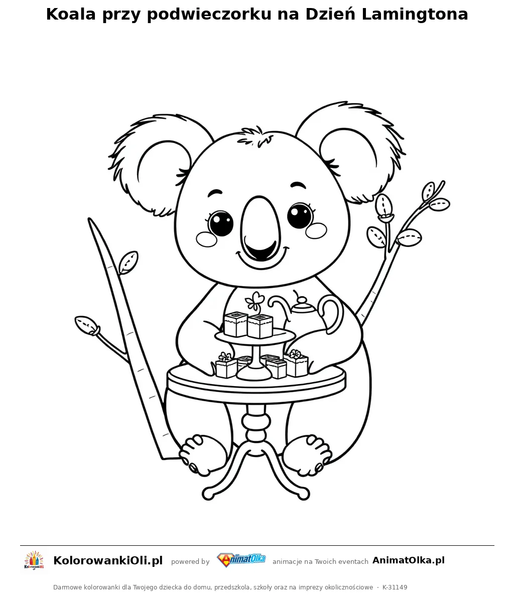 Koala przy podwieczorku na Dzień Lamingtona — kolorowanka na Dzień Lamingtona do wydruku