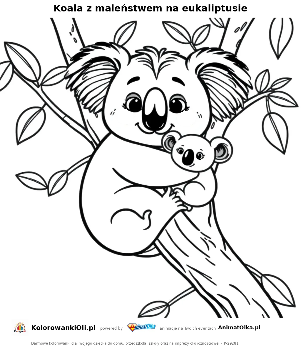 Koala z maleństwem na eukaliptusie — kolorowanka na Dzień Dzikiej Przyrody do wydruku