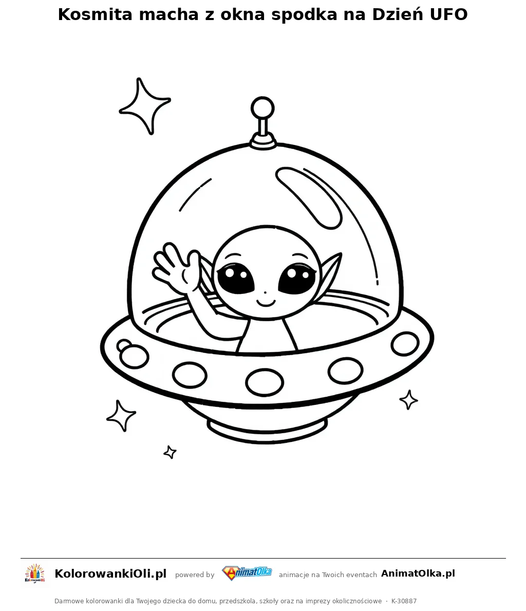 Kosmita macha z okna spodka na Dzień UFO — kolorowanka na Dzień UFO do wydruku