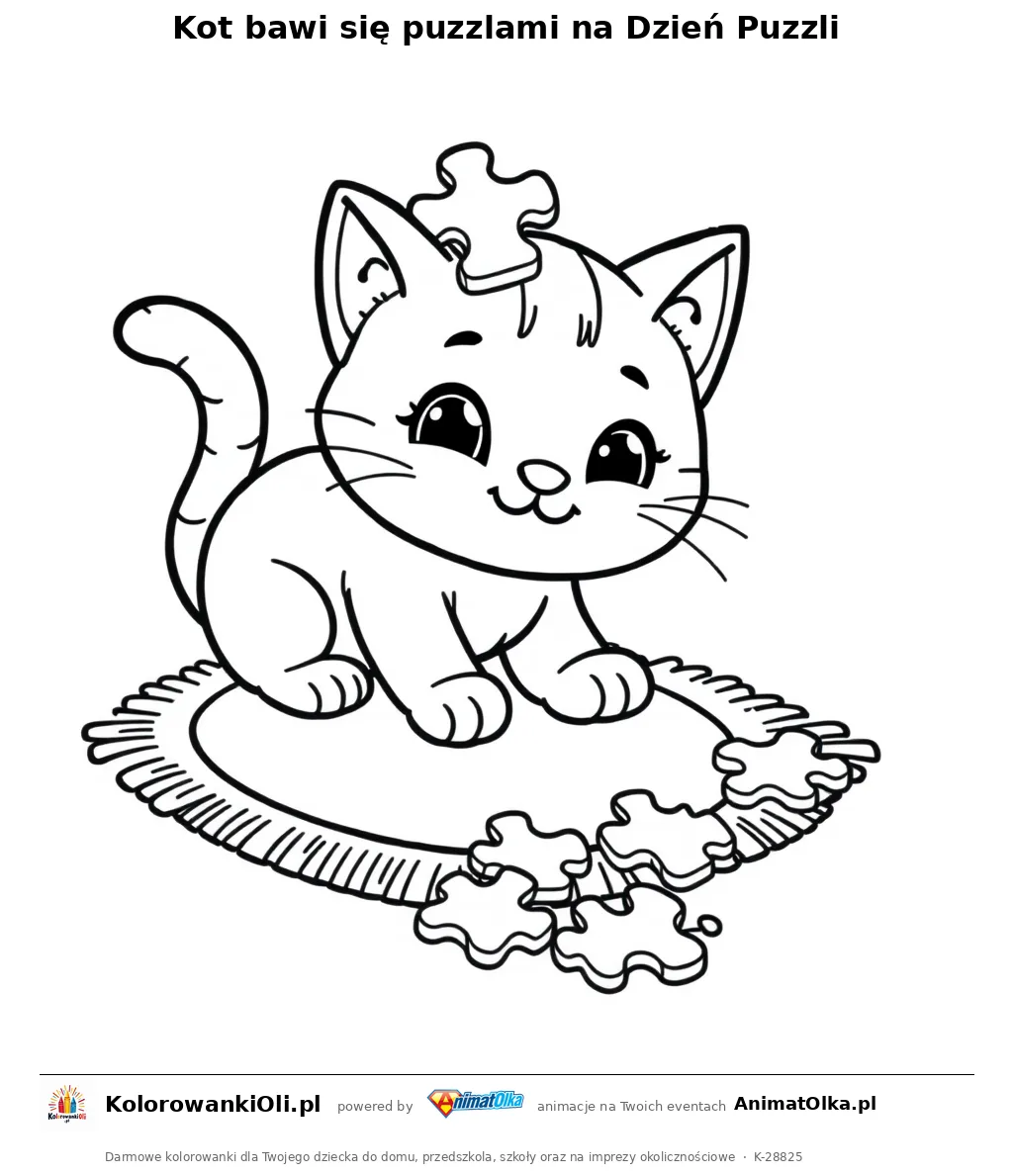 Kot bawi się puzzlami na Dzień Puzzli — kolorowanka na Dzień Puzzli do wydruku