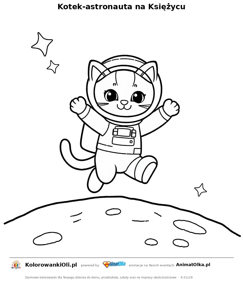 Kotek-astronauta na Księżycu — kolorowanka na Dzień Księżyca do wydruku