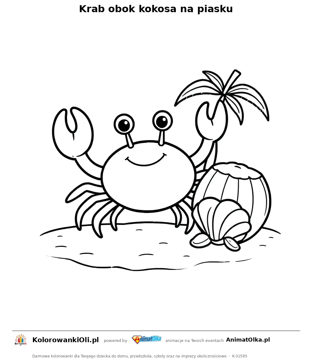 Krab obok kokosa na piasku — kolorowanka na Dzień Kokosa do wydruku