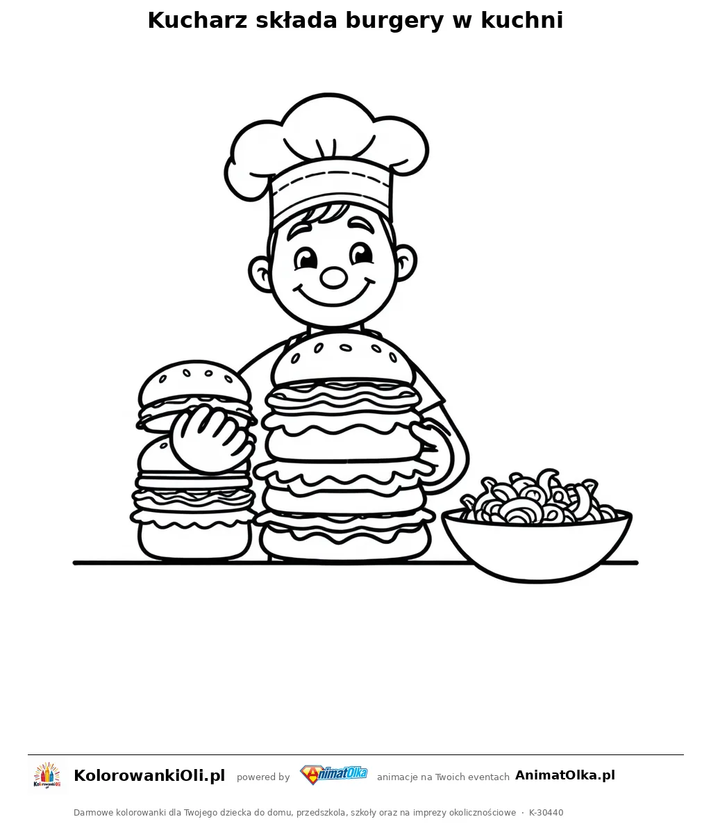 Kucharz składa burgery w kuchni — kolorowanka na Dzień Hamburgera do wydruku