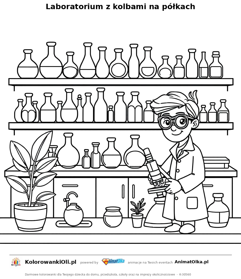 Laboratorium z kolbami na półkach — kolorowanka na Dzień Chemika do wydruku