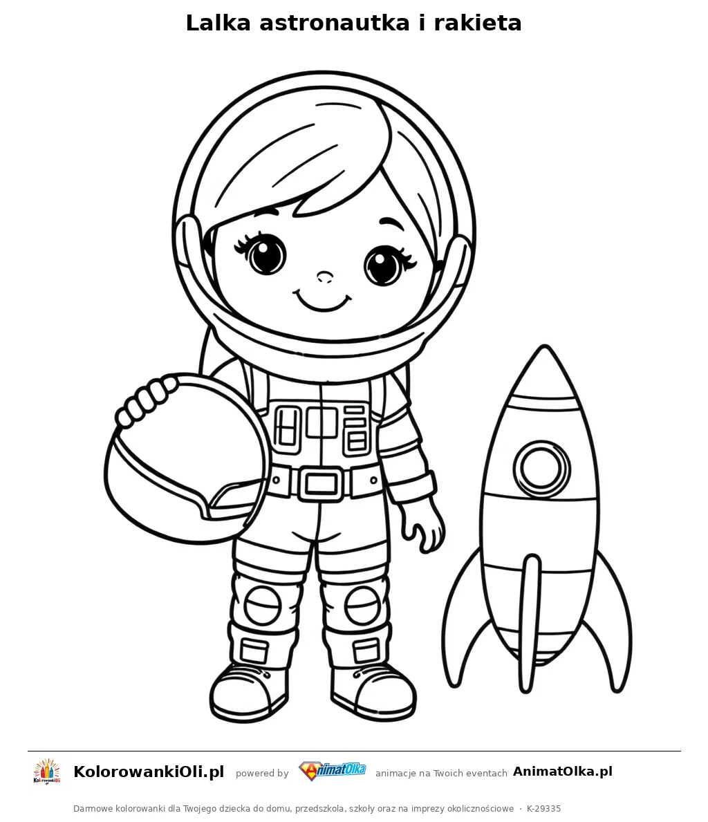 Lalka astronautka i rakieta — kolorowanka na Dzień Lalki do wydruku